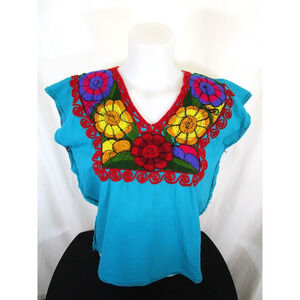 VTG Handmade Mexican Floral Embroidered Teal Blue Top Women Sz M